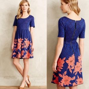 Anthropologie HD in Paris Blue Coral Floral Cocktail Garden Party Dress SMALL